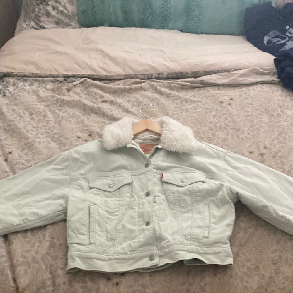 Women's Levi Mint Green Corduroy Jacket with Faux Fur Collar